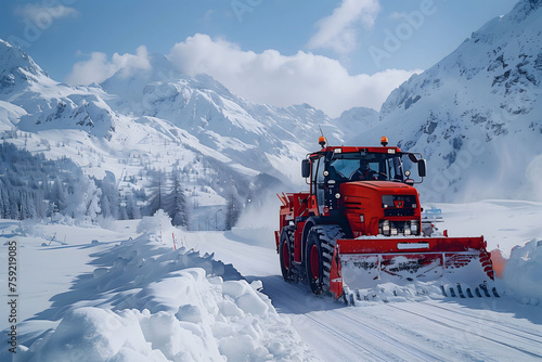 Red Tractor Plowing Snow Covered Road