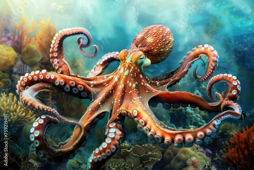 octopus with orange tentacles swimming amidst reefs and other underwater life