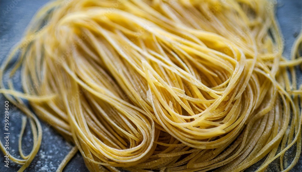 top view photo of raw yellow pasta noodles food background concept
