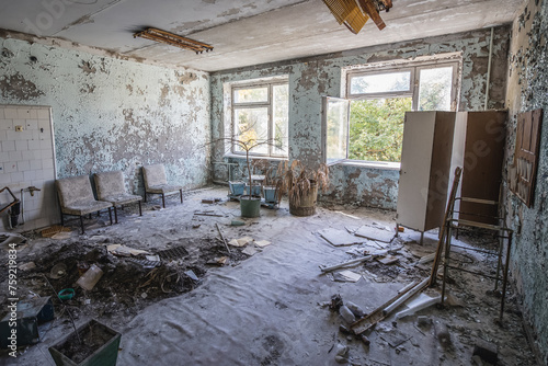 Waiting room in Hospital MsCh-126 in Pripyat ghost city in Chernobyl Exclusion Zone, Ukraine