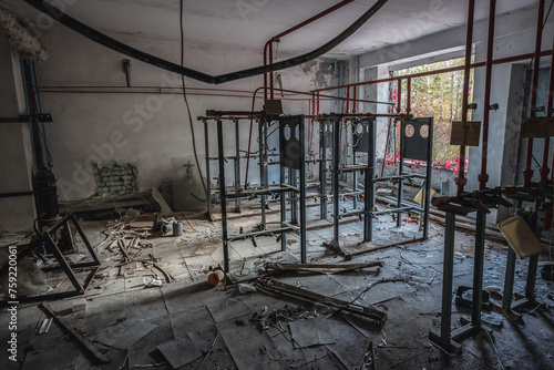 Automaton hall in Jupiter factory in Pripyat ghost city in Chernobyl Exclusion Zone in Ukraine