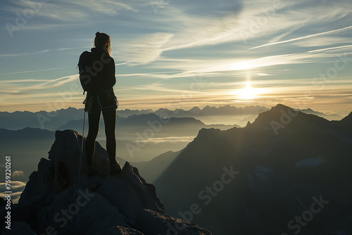 Silhouette of Lone Hiker Watching Sunrise from Mountain Peak