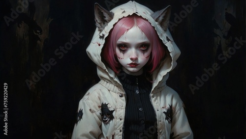 Goth anime girl, half-body, wearing a patchwork jacket with large-knit psychedelic stitches. The jacket's hoodie should resemble a cat's head in shades of beaver, beige, milky pink, and off-white.