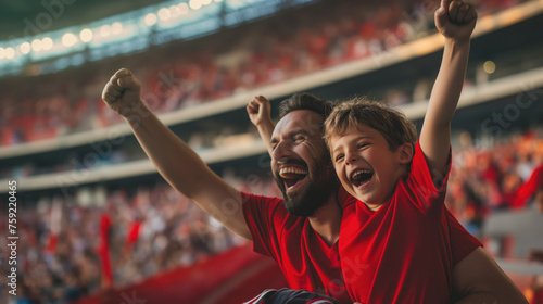 Cheerful father and son cheer for their favorite team on the football stadium. Football concept  photo
