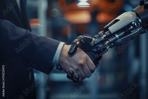 two business men that are shaking hands with a robotic arm