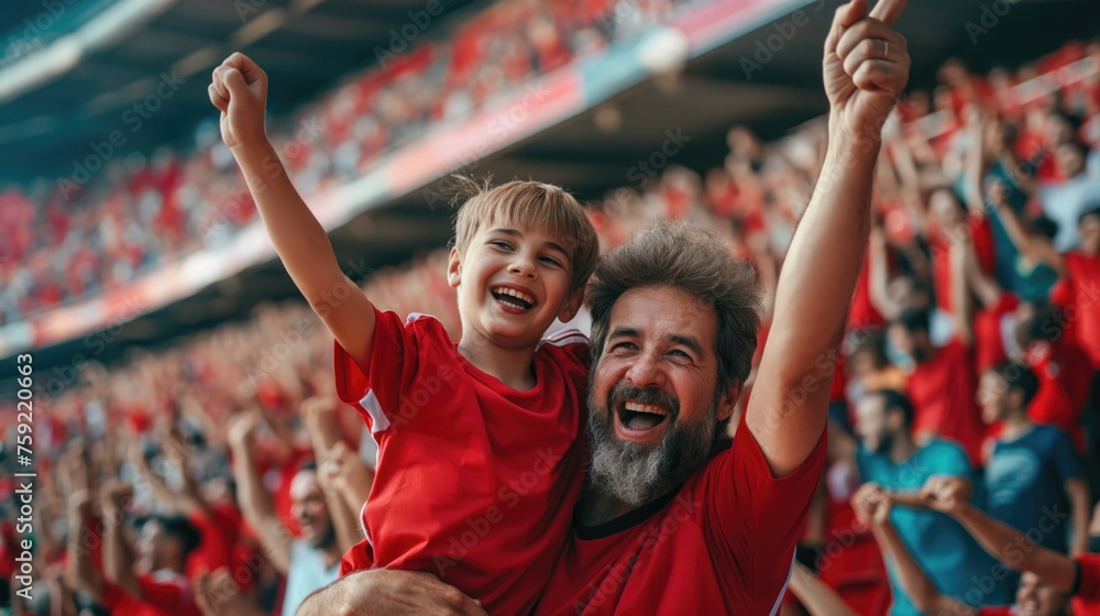Cheerful father and son cheer for their favorite team on the football stadium. Football concept  - obrazy, fototapety, plakaty 