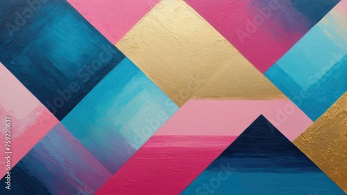 Oil on canvas painting featuring retro and nostalgic background with geometric patterns, gradient from pink to blue hues, golden brushstrokes adding a touch of elegance, adaptable as wallpaper, poster