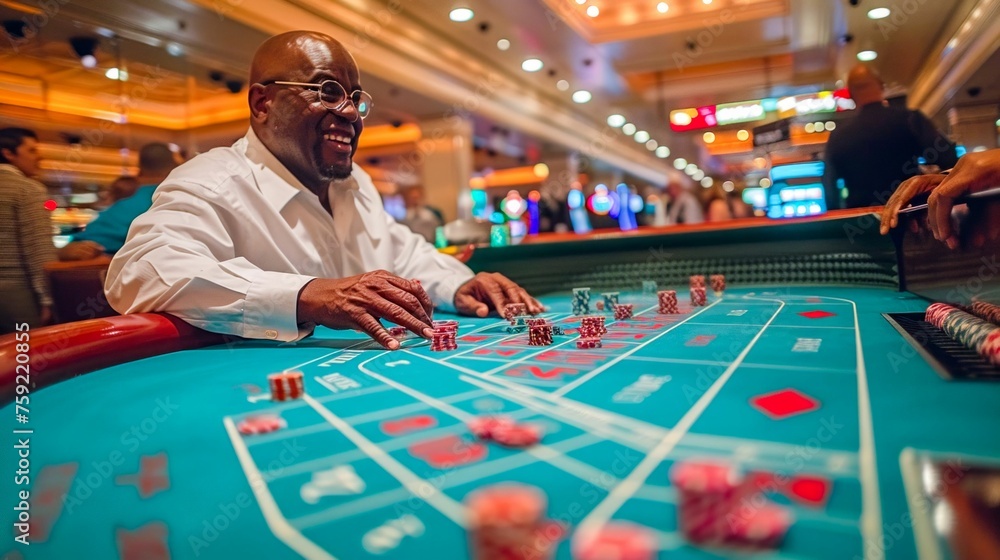 Fototapeta premium Joyful Man Playing Craps at Casino. Generative ai