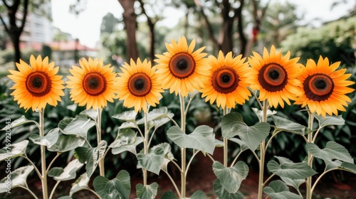 a row of sunflowers with green leaves in the foreground and a row of trees in the background. photo
