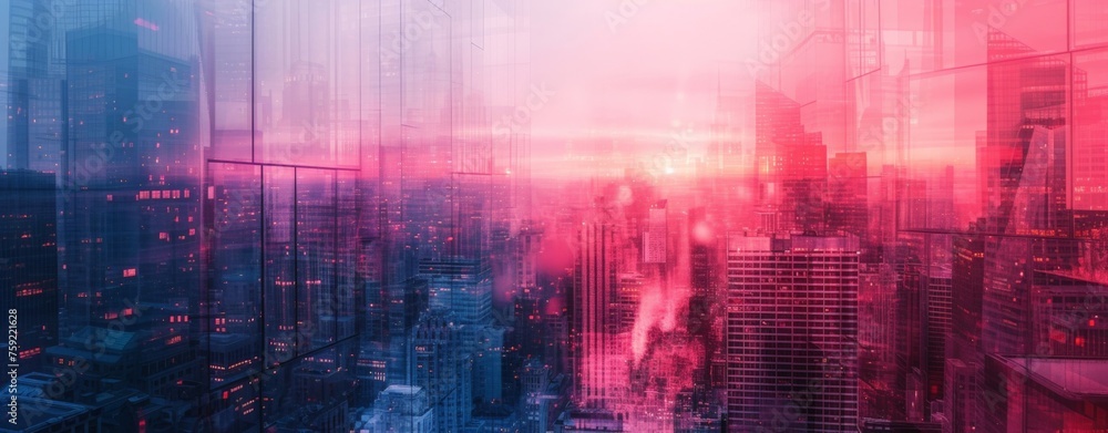 Abstract Urban Skyscape with Glowing Red Lights in Night Sky Above Cityscape of Buildings Abstract Urban Skyscape with Glowing Red Lights in Night Sky Above Cityscape of Buildings