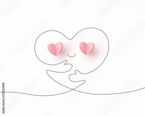 Heart with hands continuous one line contour on white background. Hug yourself and 3d paper pink signs. Vector symbols of love for Happy Children's, Mother's, Valentine's Day, birthday greeting card 