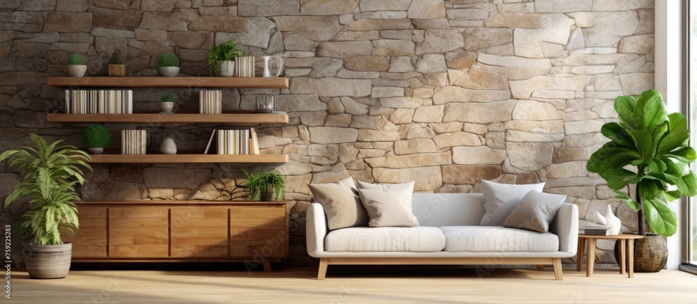 Room with Stone Wall and Wooden Decor, Home Interior Design with Bookshelf, Sofa, and Plant Vase Room with Stone Wall and Wooden Decor, Home Interior Design with Bookshelf, Sofa, and Plant Vase