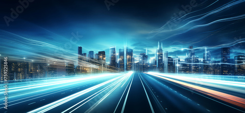 A futuristic cityscape comes alive under night highway in radiant light trails. The scene pulsates with energy  capturing essence of speed and innovation. Ideal for abstract backgdrop city road lights