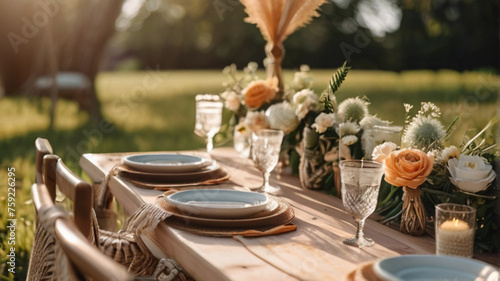 Table arrangement for summer boho garden party photo