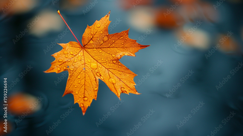 Single autumn maple leaf against a soft blue background, symbolizing fall and the change of seasons.