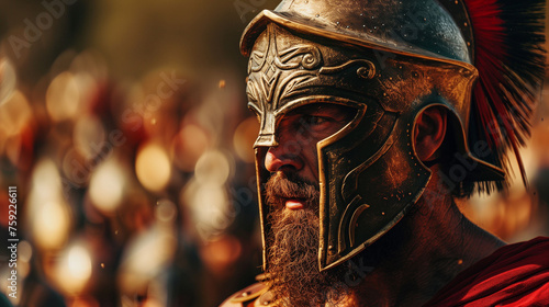 Close-up of a warrior in ancient Spartan armor with a helmet, focused and ready for battle.