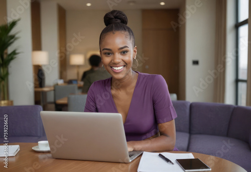 An engaged businesswoman works on a laptop at home. Her purple top and radiant smile depict a comfortable work-from-home setting. photo