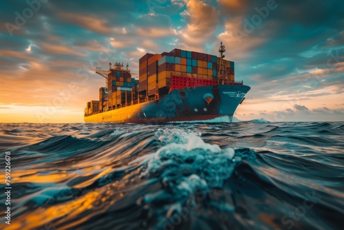 A large cargo ship is sailing through the ocean with the sun setting in the background. The ship is the main focus of the image, and the sun's reflection on the water creates a serene