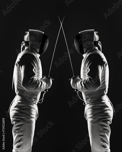 Two fencers in white uniforms and masks facing each other with swords crossed on a black background.