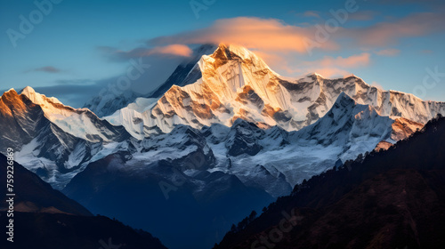 Enchanting Dawn at the DL Mountains: A Landscape of Serene Snow-Capped Peaks and Expansive Sky
