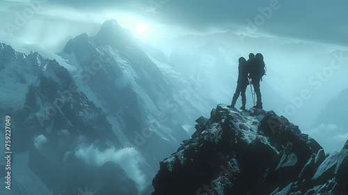 Two climbers on a mountain peak with sunrise and misty landscape in the background. photo