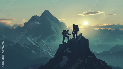 Two hikers on a mountain peak at sunrise with expansive views.