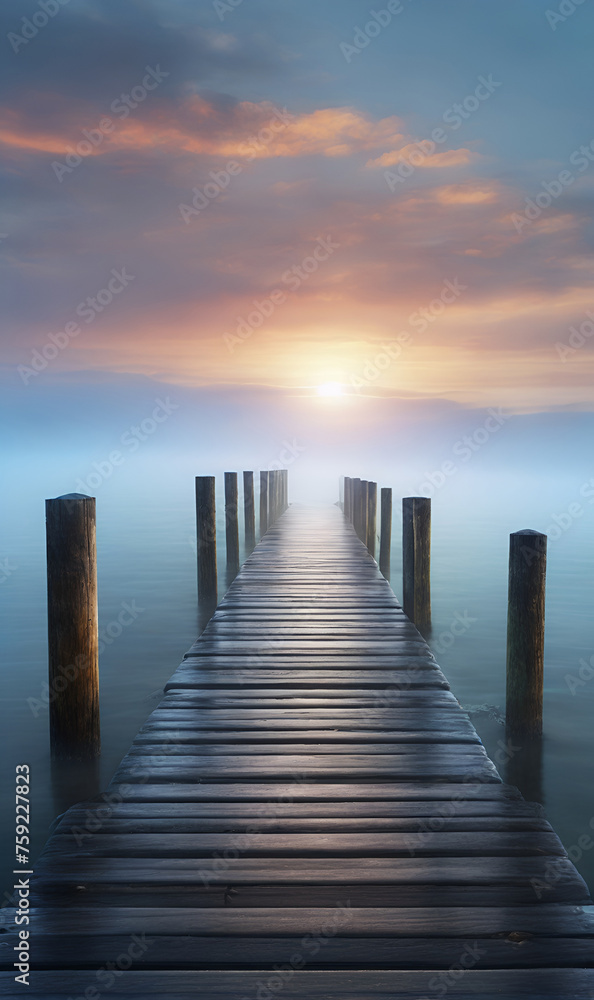 Obraz premium The wooden dock goes into the lake in a foggy morning photo