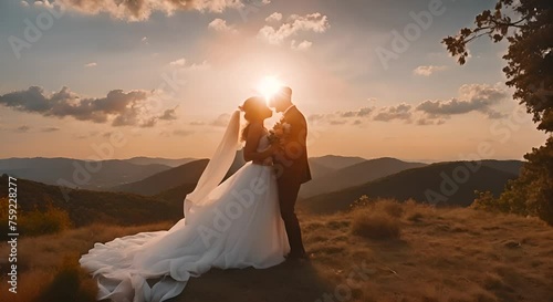 Newly married couple on the top of a mountain. photo