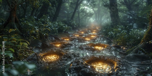 Footprints glowing guide a wanderer through an enchanted forest's nocturnal paths.