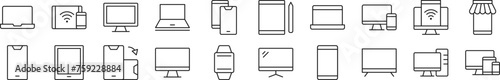 Computers, phones, laptops line icons collection. Editable stroke. Simple linear illustration for web sites, newspapers, articles book