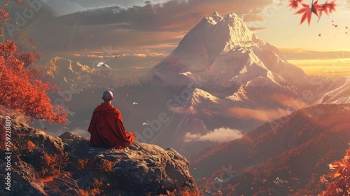 monk meditating mountain generative ai