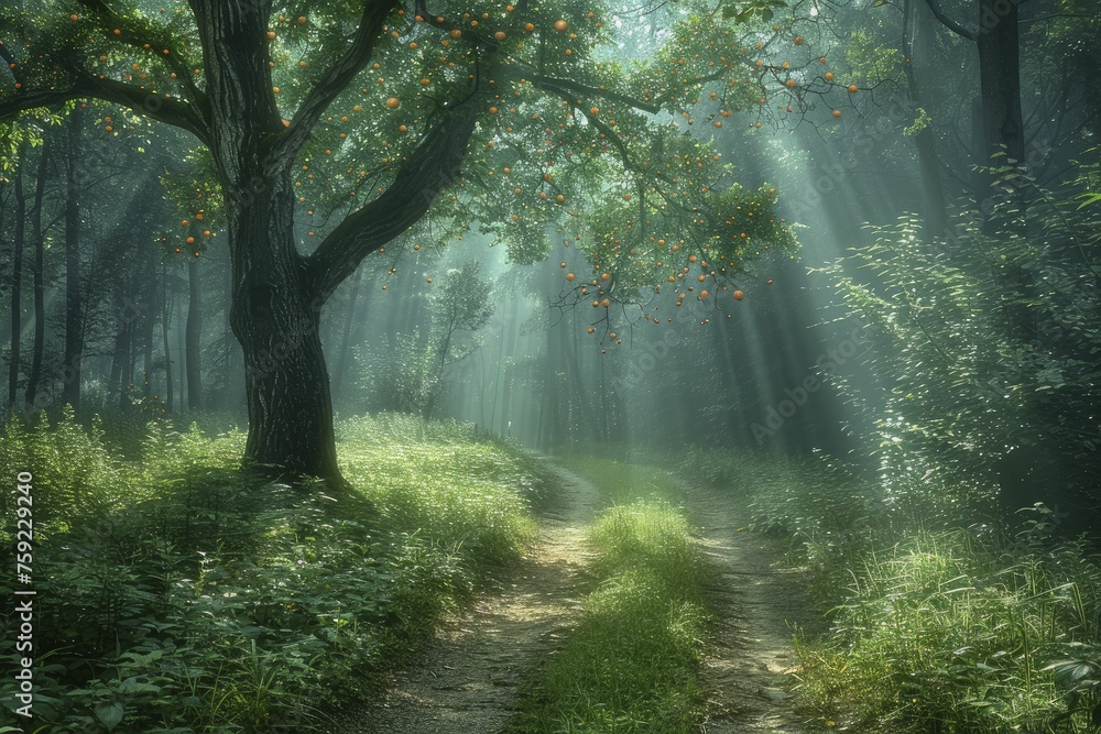 The shadow of a tree bearing fruits of light, illuminating a mystical forest path