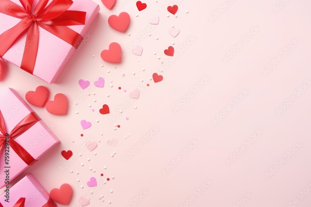 Pink gifts and hearts confetti on a light background, festive Valentine's concept. Pink gifts and hearts confetti on a light background, festive Valentine's concept.