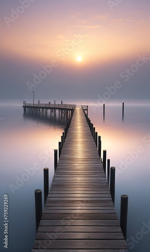 The wooden dock goes into the lake in a foggy morning photo