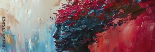Vivid portrayal of an individual with a paintbrush head, vibrant strokes of paint in the air.