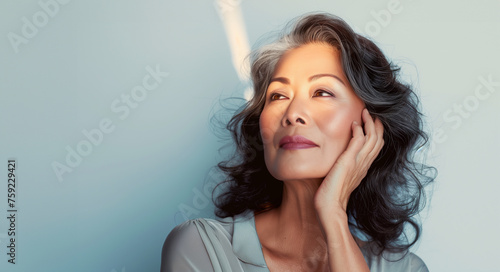 Asian woman face portrait with young smooth looking skin. 50 year beautiful Asian, Korean or Chinese woman portrait with hand on cheek and gray hair