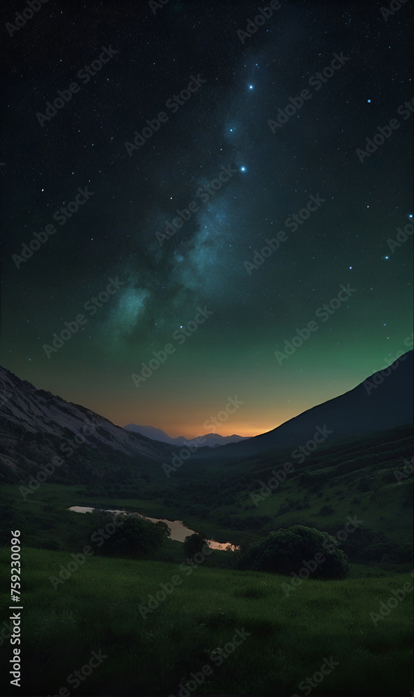 night landscape, forest, mountains, lake night sky