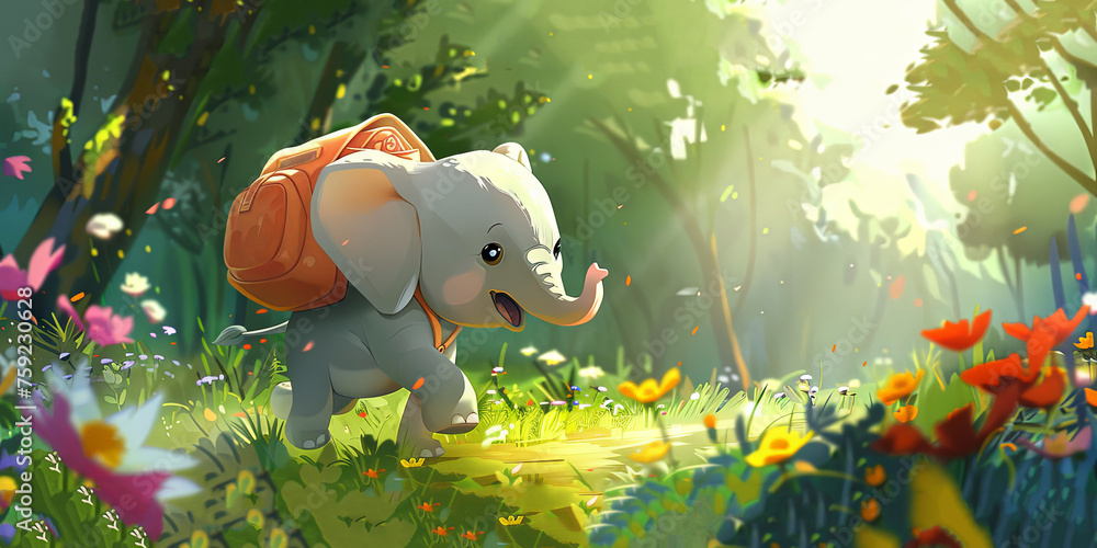 Naklejka premium 3d cartoon cute baby elephant with an oversized backpack wanders through a forest glade