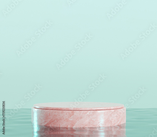 Round podium standing in water, blue background. Mock up for product presentation.  (ID: 759230836)
