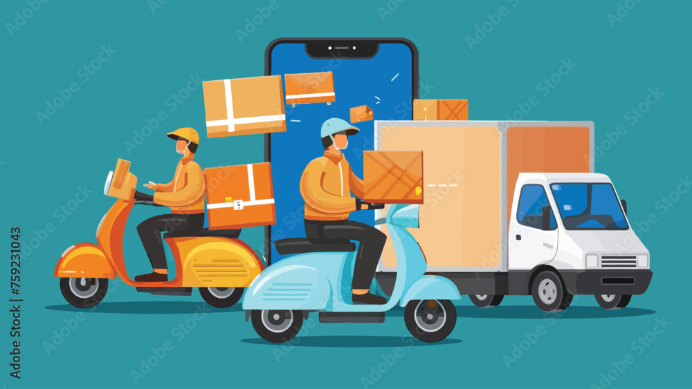 Fototapeta premium 2d vector illustration A courier wearing a shirt is delivering a package mobile with location gps
