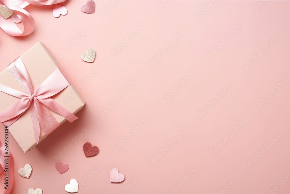 Top-down view of a pastel pink gift box tied with a satin ribbon alongside glittery heart-shaped decorations on a soft pink background.