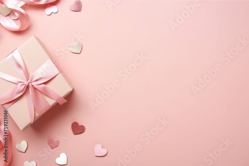 Top-down view of a pastel pink gift box tied with a satin ribbon alongside glittery heart-shaped decorations on a soft pink background. © Anatolii