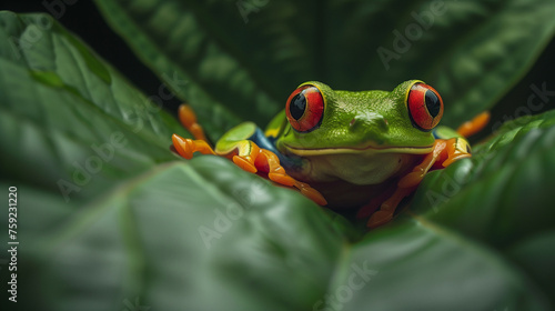 Curious red eyed tree frog hiding in green background leafs Agalychnis callydrias exotic amphibian treefrog macro treefrog copyspace tropical nocturnal big eye animal  © Natalina