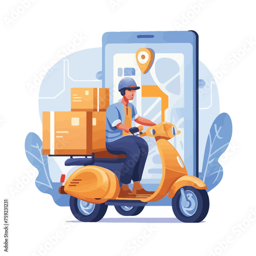 2d vector illustration A courier wearing a shirt is delivering a package mobile with location gps
