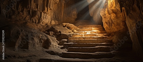 Stone staircase in a limestone cave with vibrant lighting.