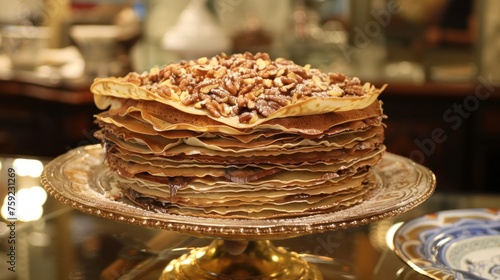 a close up of a cake on a plate on a table with other plates and a candle in the background.