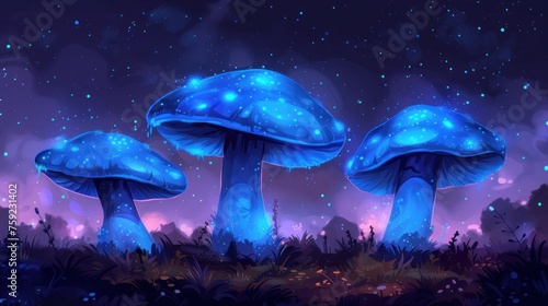 a group of blue mushrooms sitting on top of a lush green field under a sky filled with lots of stars.
