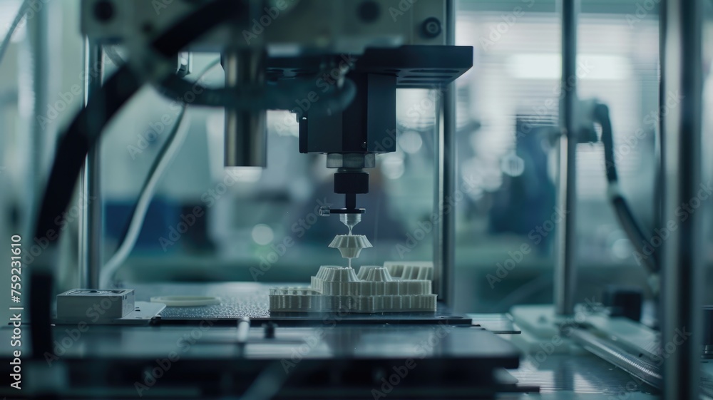 3D printer in a laboratory setting, meticulously layering material to create a complex scientific prototype, 3D printer in a laboratory setting, meticulously layering material to create a complex scientific prototype,
