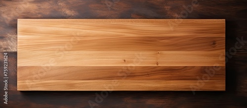 A brown wooden cutting board rests on a hardwood rectangular table made of varnished lumber planks with a beautiful wood stain pattern