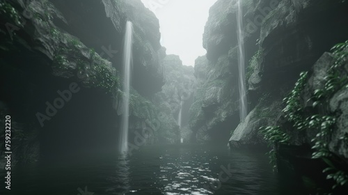 a large body of water surrounded by rocks and greenery on both sides of a narrow tunnel with a waterfall coming out of it.